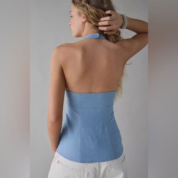 NEW Urban Outfitters Sari Seamed Linen-Blend Halter Vest Top Ashleigh Blue Small - Picture 2 of 5